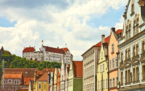 Germany, Panoramic view of Landshut, Bavarian city, with the medieval castle and an array of colorful antique buildings. Bavarian town near Munich. Landshut was founded on 1204 .