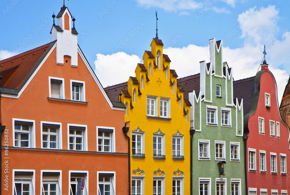 Germany, typical houses in Landshut in Renaissance architecture style,  bold colors and stucco. Landshut was founded on 1204 and its colorful houses maintain a peculiar Renaissance architecture.