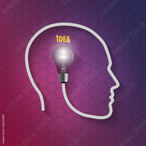 human head with bulb. Thinking a new idea on hexagonal background
