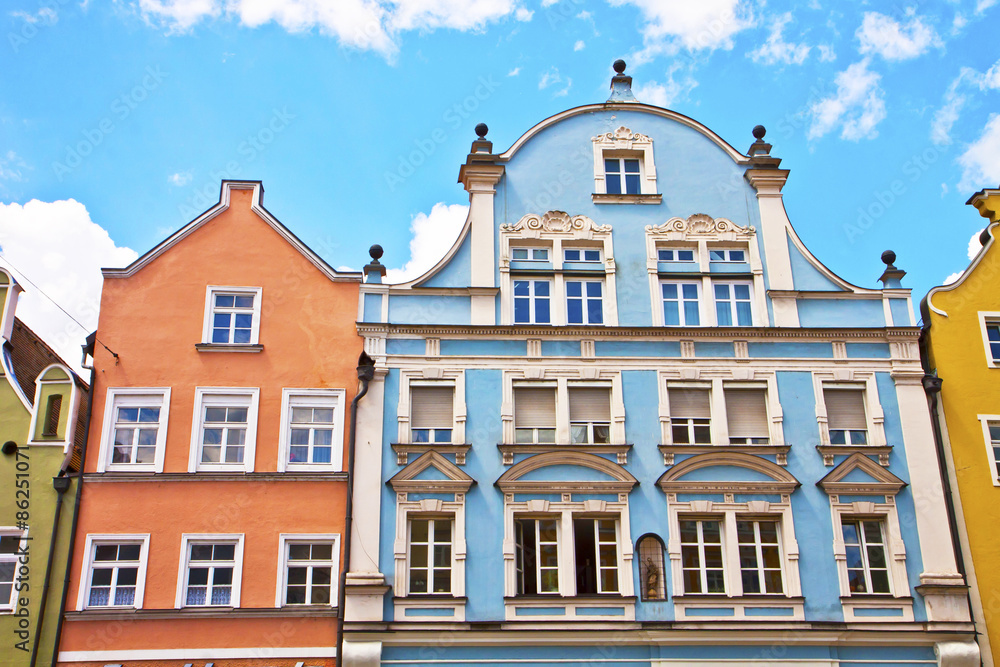 Germany, typical houses in Landshut in Renaissance architecture style. Bavarian town near Munich. Landshut was founded on 1204 and its colorful houses maintain a peculiar Renaissance architecture.