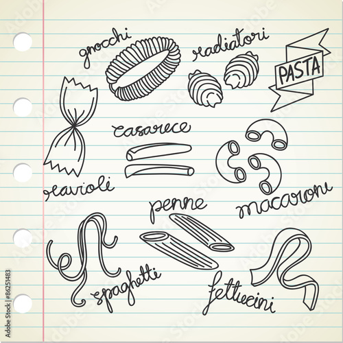 various Italian pasta doodle