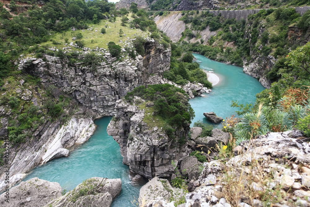 mountain landscape with mountain turbulent river in the gorge mountain landscape with mountain turbulent river in the gorge