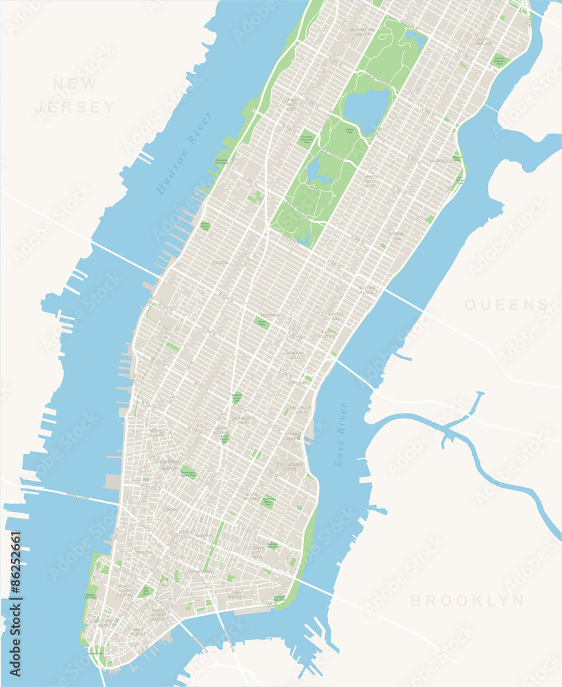 Obraz premium New York Map - Lower and Mid Manhattan. Highly detailed vector map.It's includes: - all streets - parks - names of subdistricts - points of interests - labels - neighborhoods
