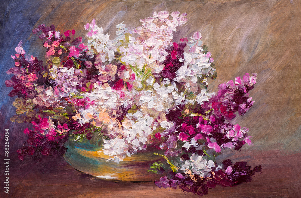 oil painting - bouquet of lilac, colorful still life - obrazy, fototapety, plakaty 