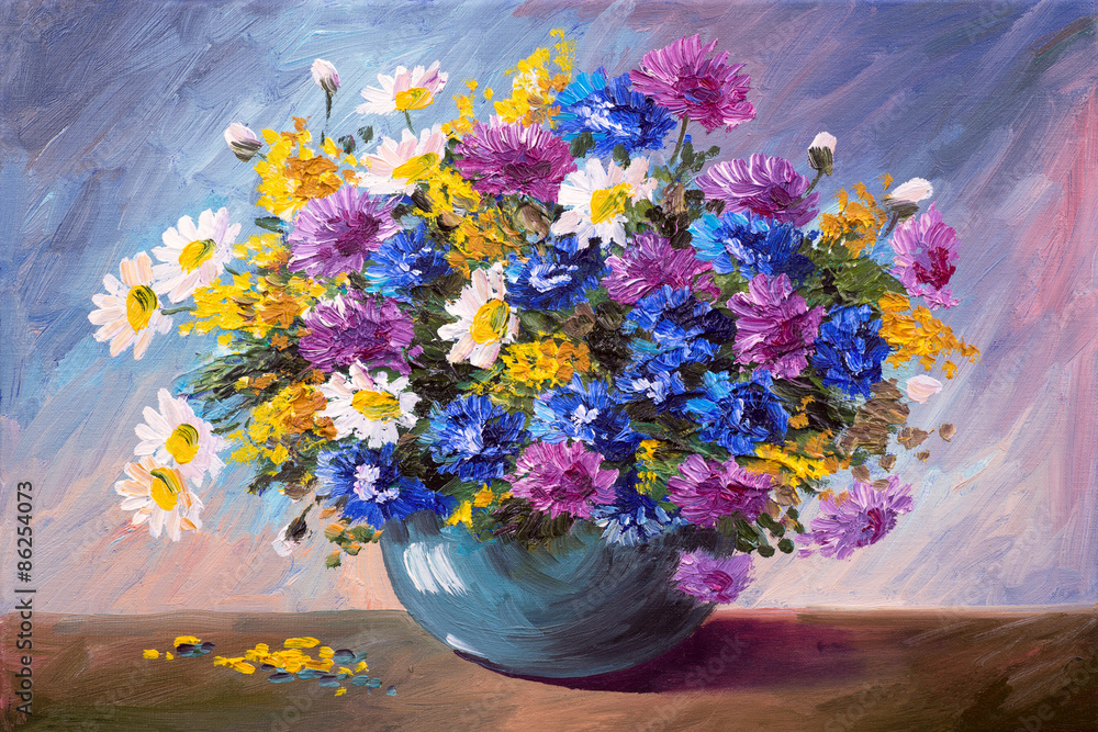oil painting - bouquet of wildflowers - obrazy, fototapety, plakaty 