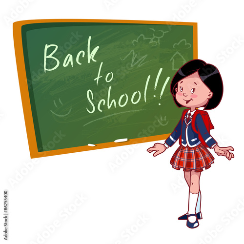 Cute schoolgirl in uniform stands near the school board.
