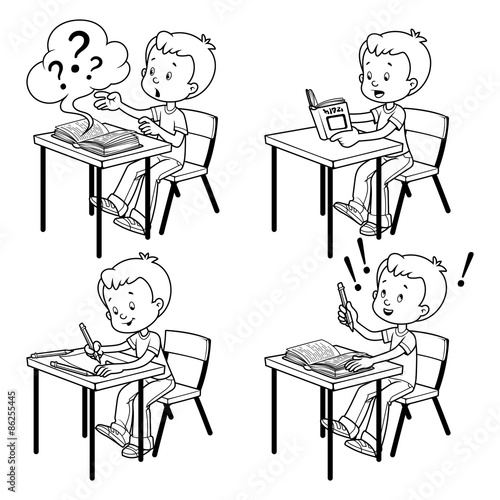 Cute schoolboy behind a school desk. Outline