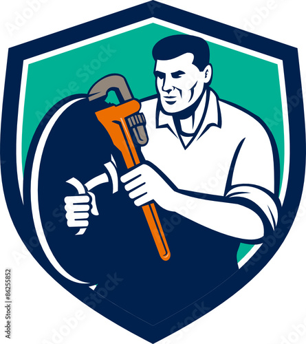 Plumber Brandishing Wrench Shield Retro