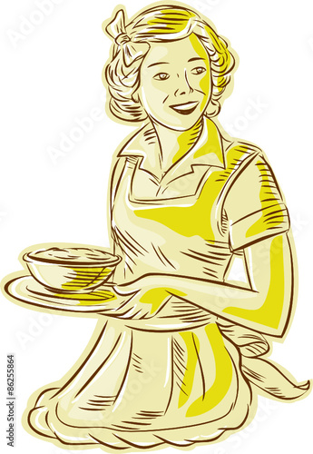 Homemaker Serving Bowl of Food Vintage Etching