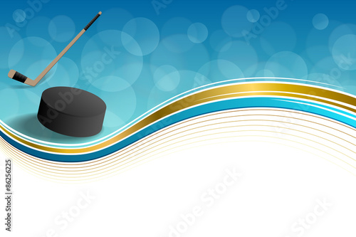 Background abstract hockey blue ice puck gold yellow ribbon frame illustration vector