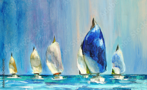 New Hope, Yachts sailing regatta. Oil on canvas