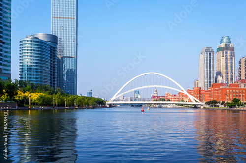 Modern buildings and river in urban city