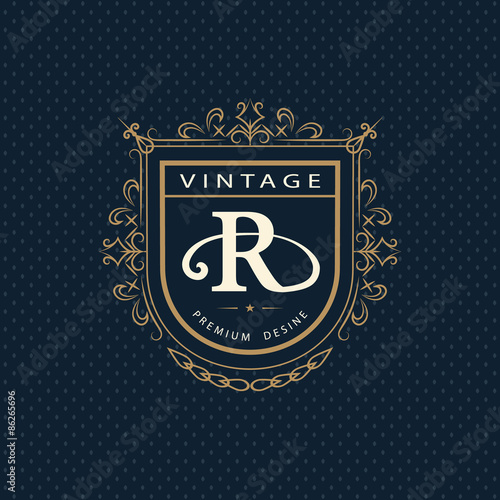 Monogram design elements, graceful template. Calligraphic elegant line art logo design. Letter emblem R. Business sign for Royalty, Boutique, Cafe, Hotel, Heraldic, Jewelry, Wine. Vector illustration