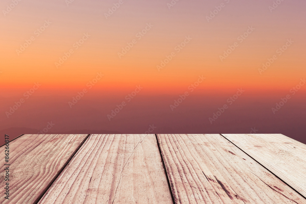 Wooden floor background aspiring to soft color sky