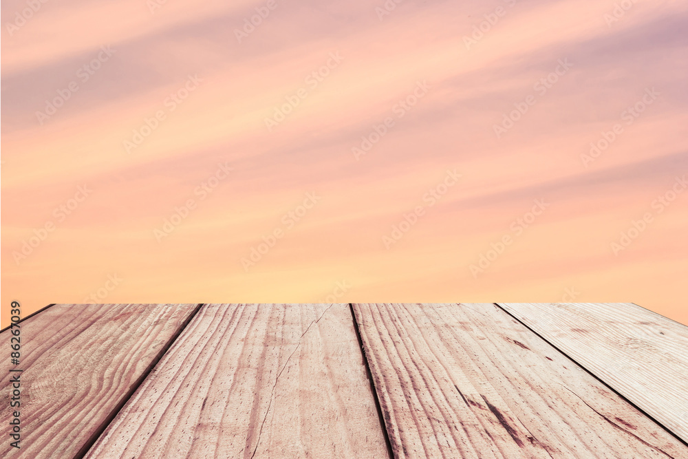 Wooden floor background aspiring to soft color sky