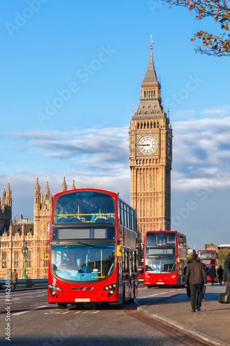 Big Ben with buses in London  England  UK