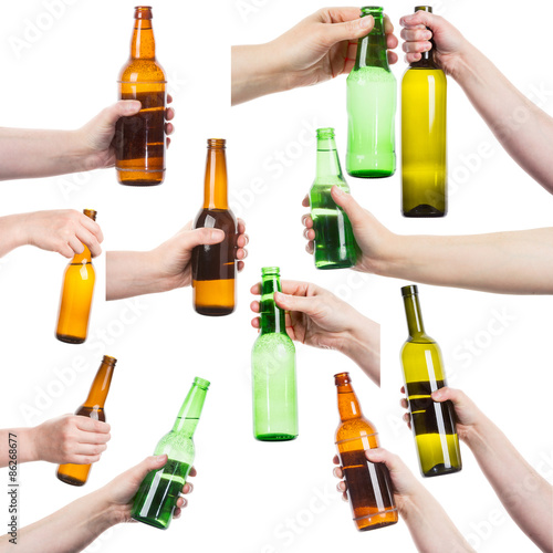 Collection of female hands holding bottles of alcohol