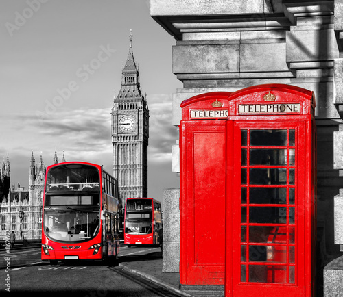London with red buses against Big Ben in England, UK #86269238
