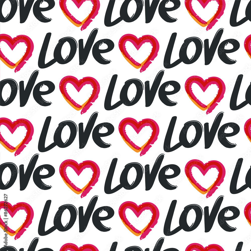 Vector seamless pattern, hand drawn word love and red heart, iso