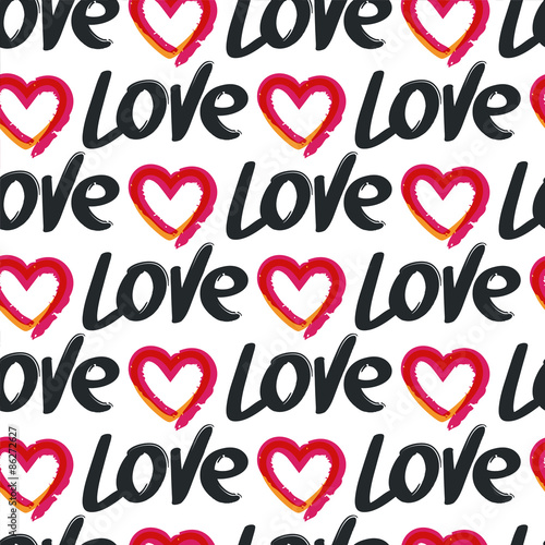 Vector seamless pattern, hand drawn word love and red heart, iso