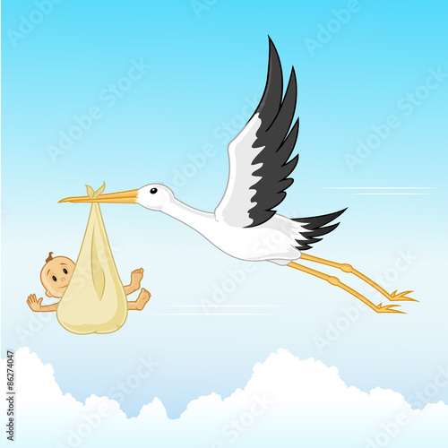 Stork flying with little baby vector illustration