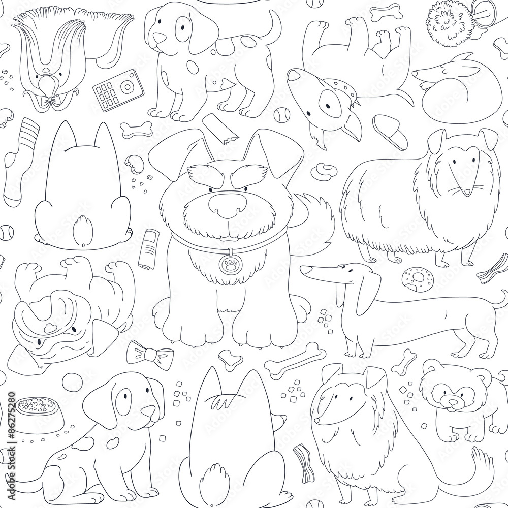 Cute Dogs. Seamless pattern background in outline style.