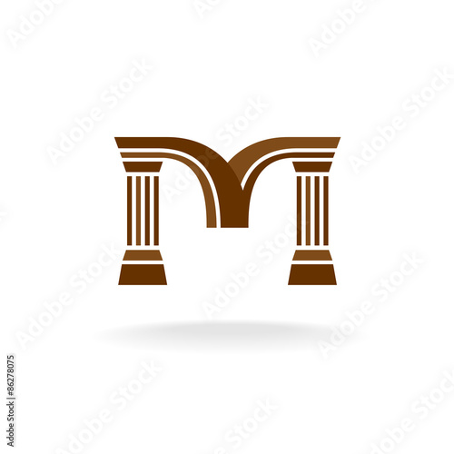 Letter M logo with columns. Architecture, business, lawyer conce