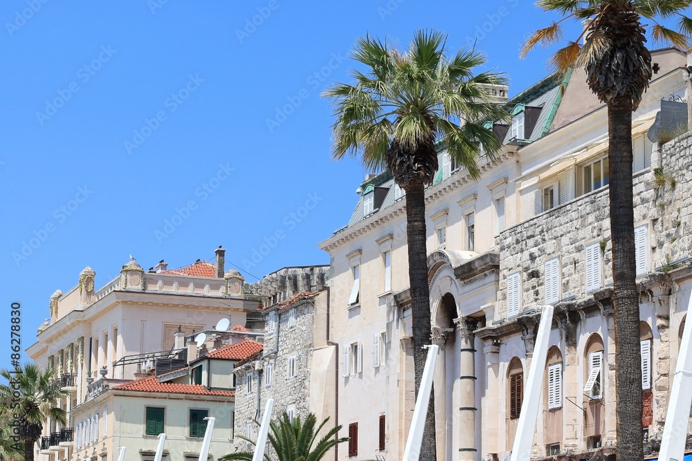 Eclectic mix of various historic architectural styles on Riva Promenade in Split Croatia.