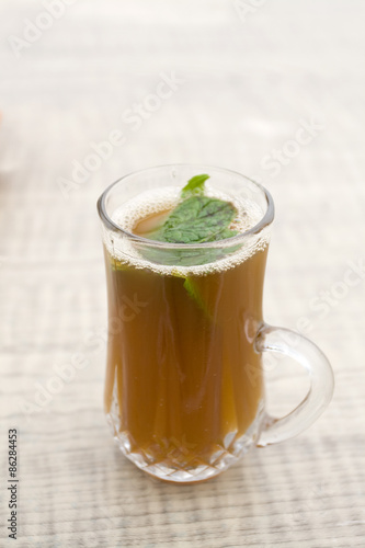 Genuine Berber tea with sugar and mint leaves. Mahdia, Tunisiya