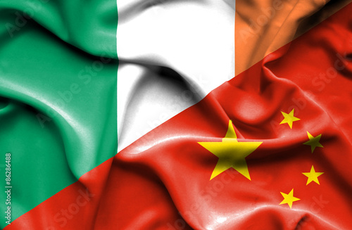Waving flag of China and Ireland
