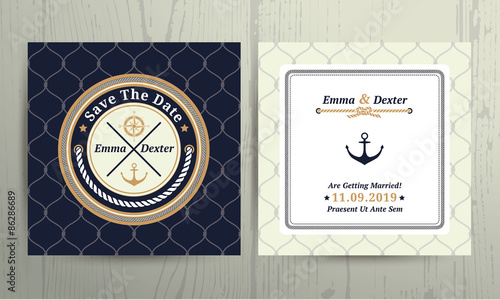 Nautical rope wedding save the date card on fishnet background