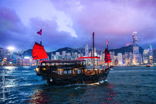 HONG KONG - JUNE 09, 2015: A Chinese traditional junk boa sailin photo