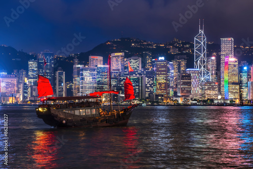 HONG KONG - JUNE 09, 2015: A Chinese traditional junk boa sailin