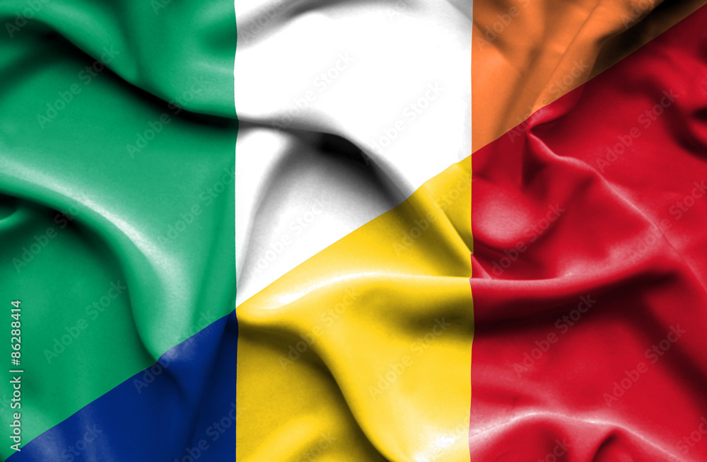Waving flag of Romania and Ireland
