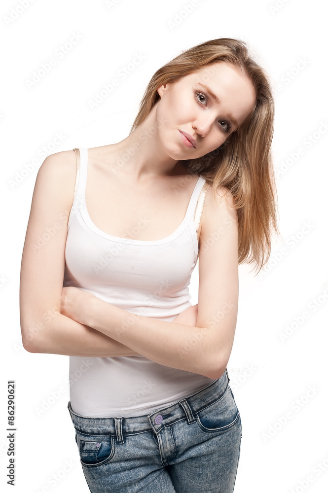 Attractive sad woman over white Attractive sad woman over white