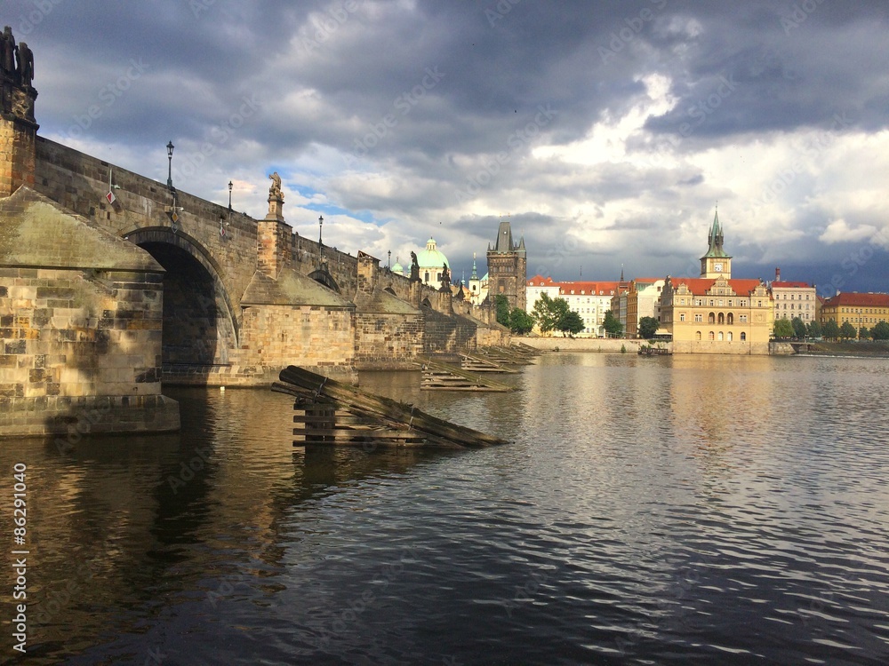 Famous Charles Bridge in Prague after heavy storm