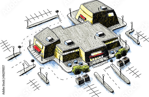 A cartoon of a shopping mall surrounded by an empty parking lot.