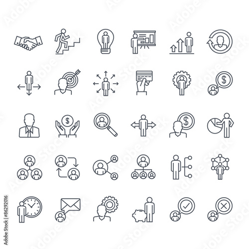 Thin line icons set. Icons for business, management, finance, strategy, planning, analytics, banking, communication, social network, affiliate marketing.