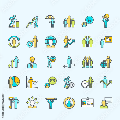 Set of thin line color business people icons