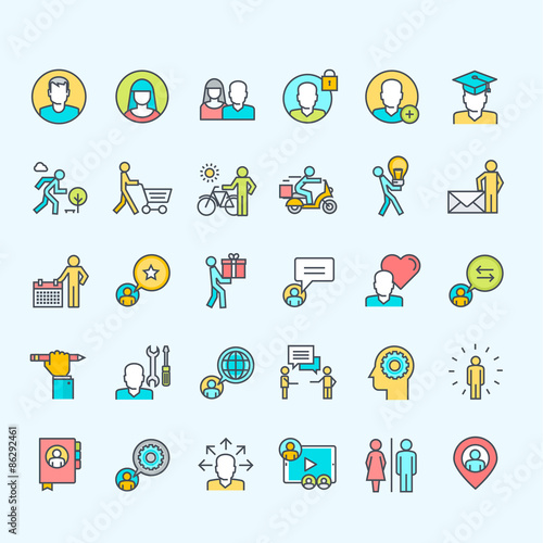 Set of thin line color people icons