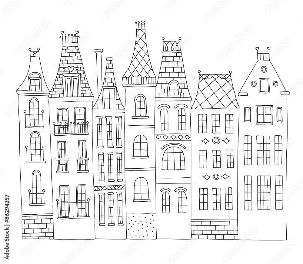 Hand drawn old town houses architecture on white background