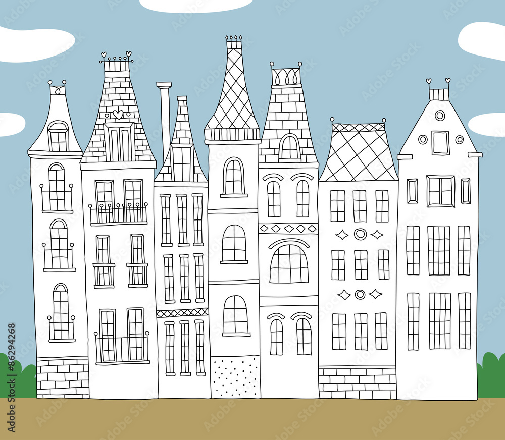 Hand drawn old town houses architecture