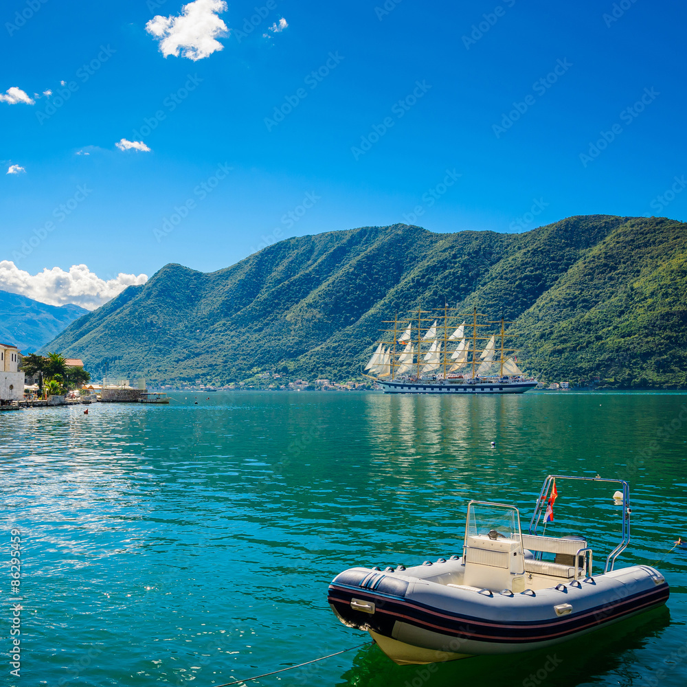 Harbour and boat at Boka Kotor bay (Boka Kotorska), Montenegro,