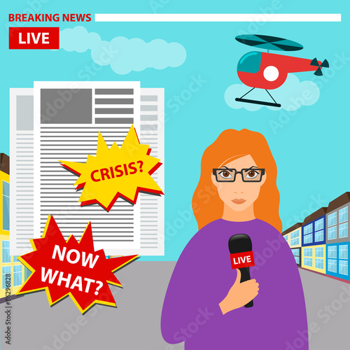 bright colored conceptual illustration on the theme of breaking news with a journalist, leading the report about current events from the city street with microphone in her hands. 