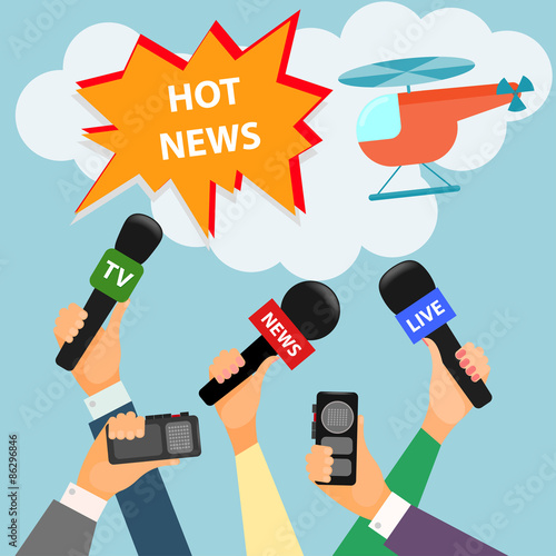 bright colored conceptual illustration on the theme of breaking news with the helicopter and the hands holding microphones
