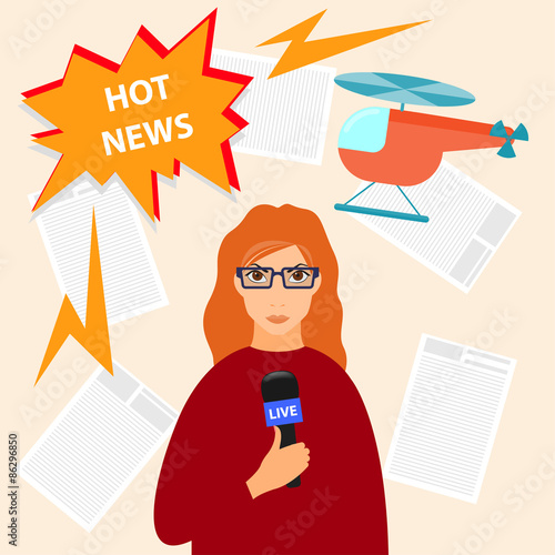 bright colored conceptual illustration on the theme of breaking news with a journalist, leading the report, and a microphone in her hands