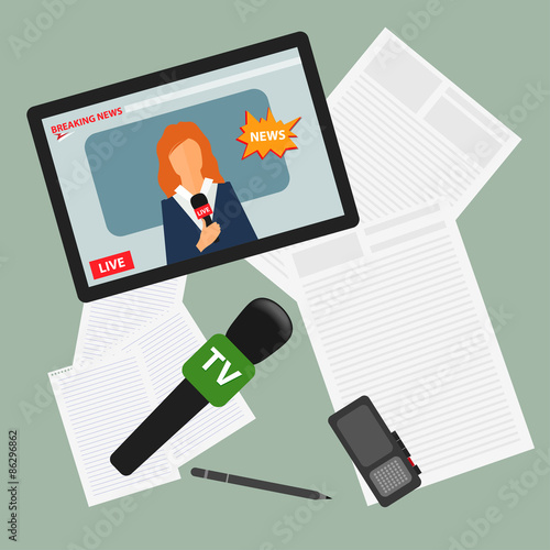 conceptual illustration on the theme of breaking news with tablet with an on-line broadcast of the event from the Internet, microphone and recorder