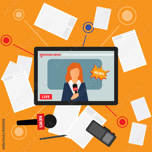 bright colored conceptual illustration on the theme of breaking news with set of tablet with an on-line broadcast of the event from the Internet, microphone and recorder
