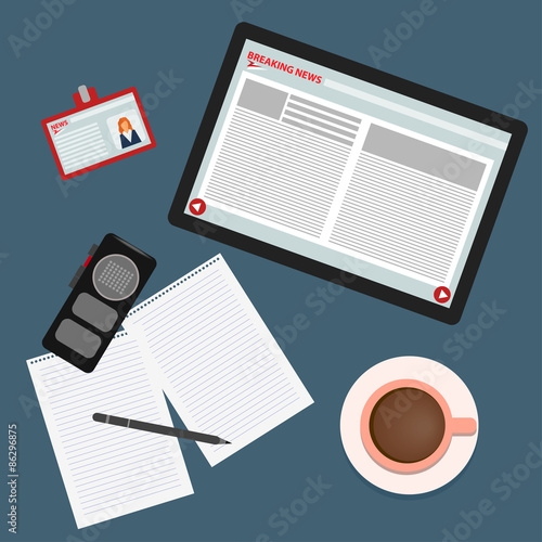 bright colored conceptual illustration on the theme of breaking news with set of tablet, coffee, skip, recorder, pencil and pieces of paper from a notepad