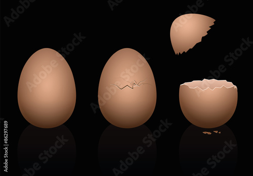 Three brown chicken eggs - intact, broken and open. Three-dimensional isolated vector illustration on black background.